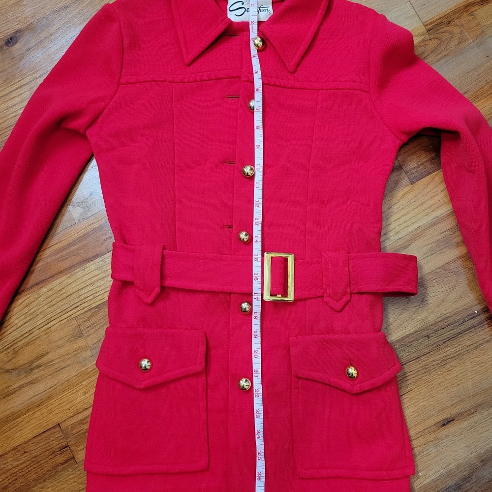 Vintage 1960s Sebastian Red Belted Jacket and Pant Suit With Gold Buttons Set - Picture 9 of 16